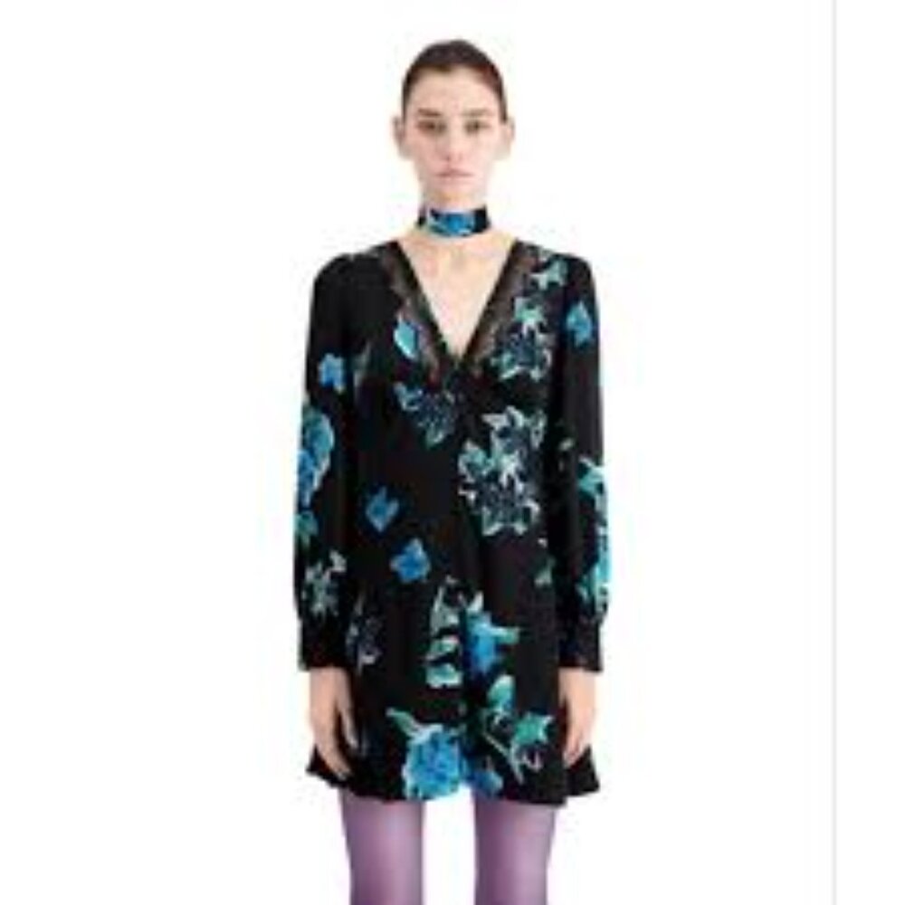 NWT The Kooples Black Floral Lace Trim Mini Dress Size FR0/US2